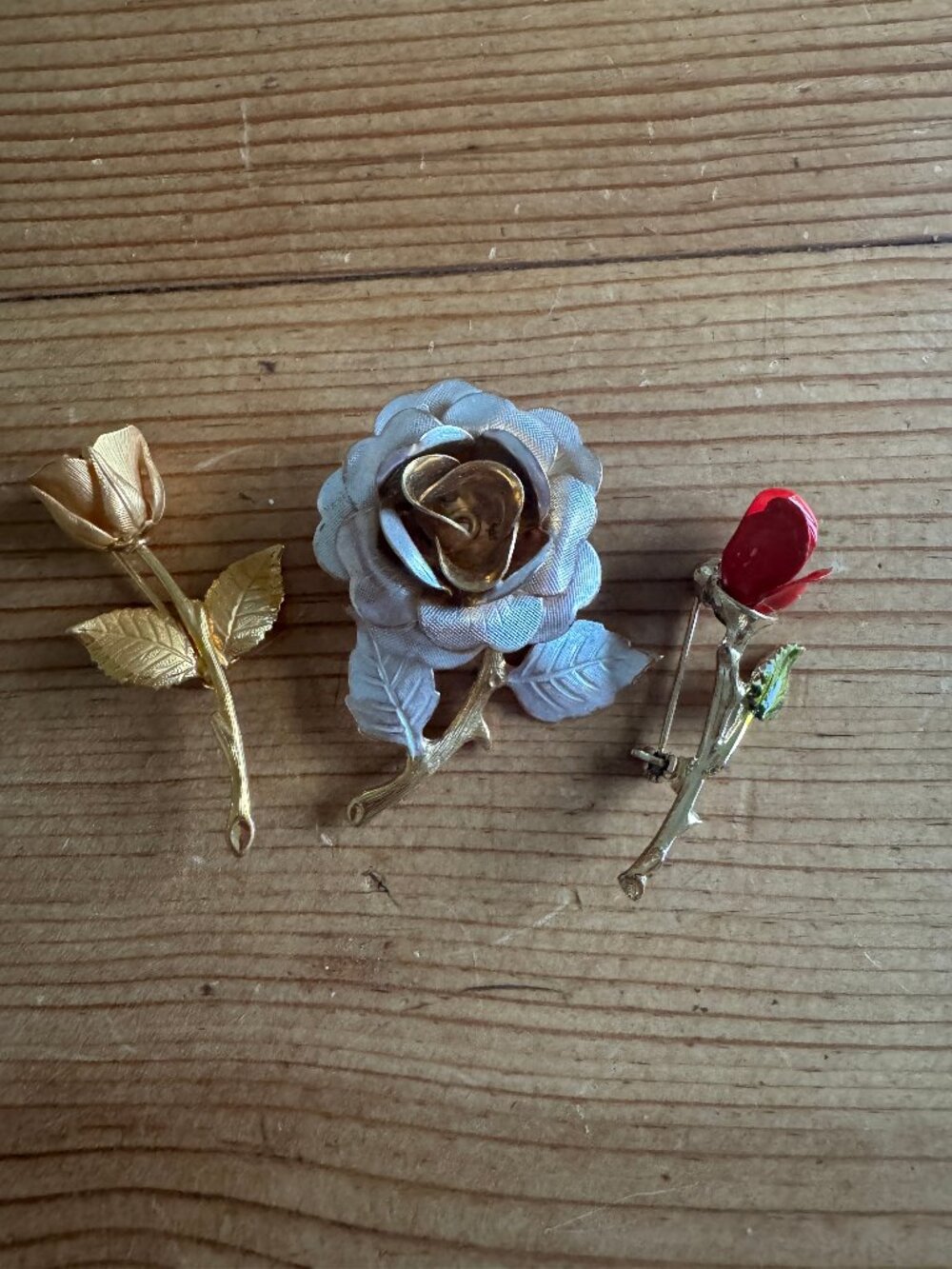Vintage Rose Brooch Lot 3 Gold Silver Two Tone Red Rosebud Long Stem Flower Pins